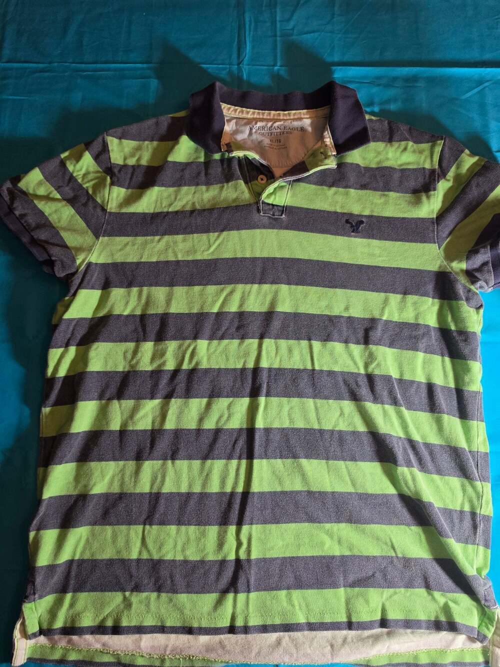 American Eagle Outfitters Mens Green and Navy Blue Striped Short Sleeve Polo -XL